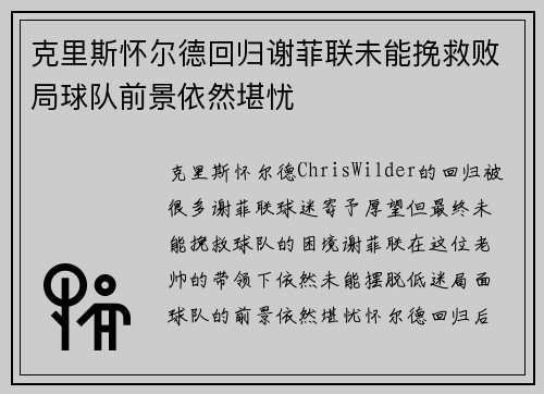 克里斯怀尔德回归谢菲联未能挽救败局球队前景依然堪忧 克里斯怀尔德回归谢菲联未能挽救败局球队前景依然堪忧