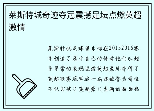莱斯特城奇迹夺冠震撼足坛点燃英超激情 莱斯特城奇迹夺冠震撼足坛点燃英超激情